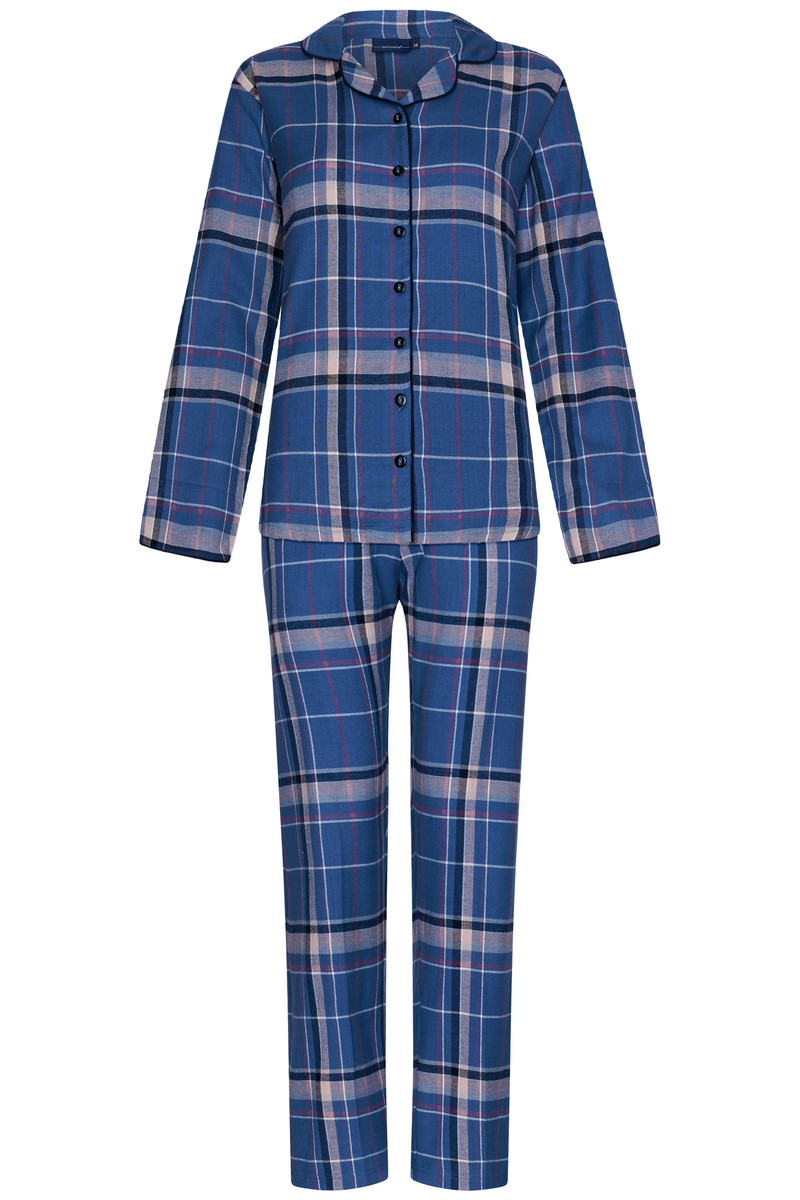 Blauwe flanellen doorknooppyjama