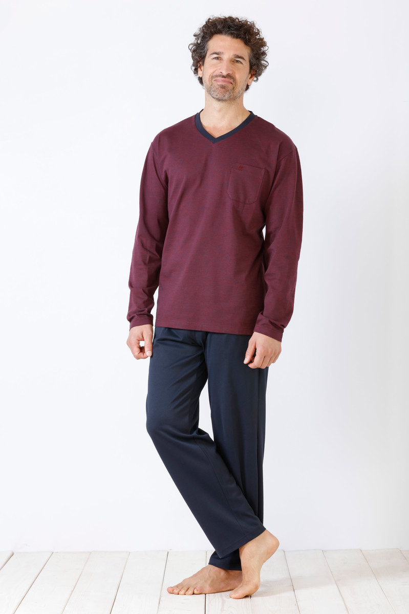 Rode herenpyjama Hajo met blauwe broek