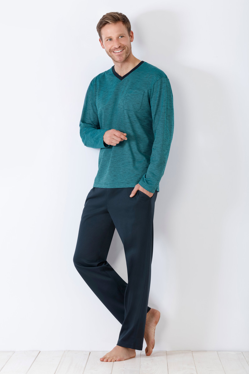 Blauwe herenpyjama Hajo met V hals