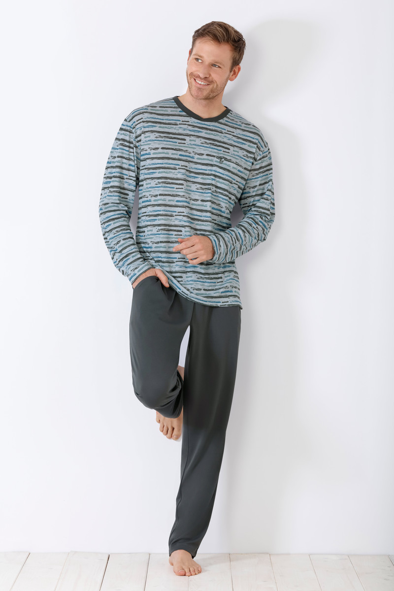 Grijs blauwe verfstrepen herenpyjama van Hajo