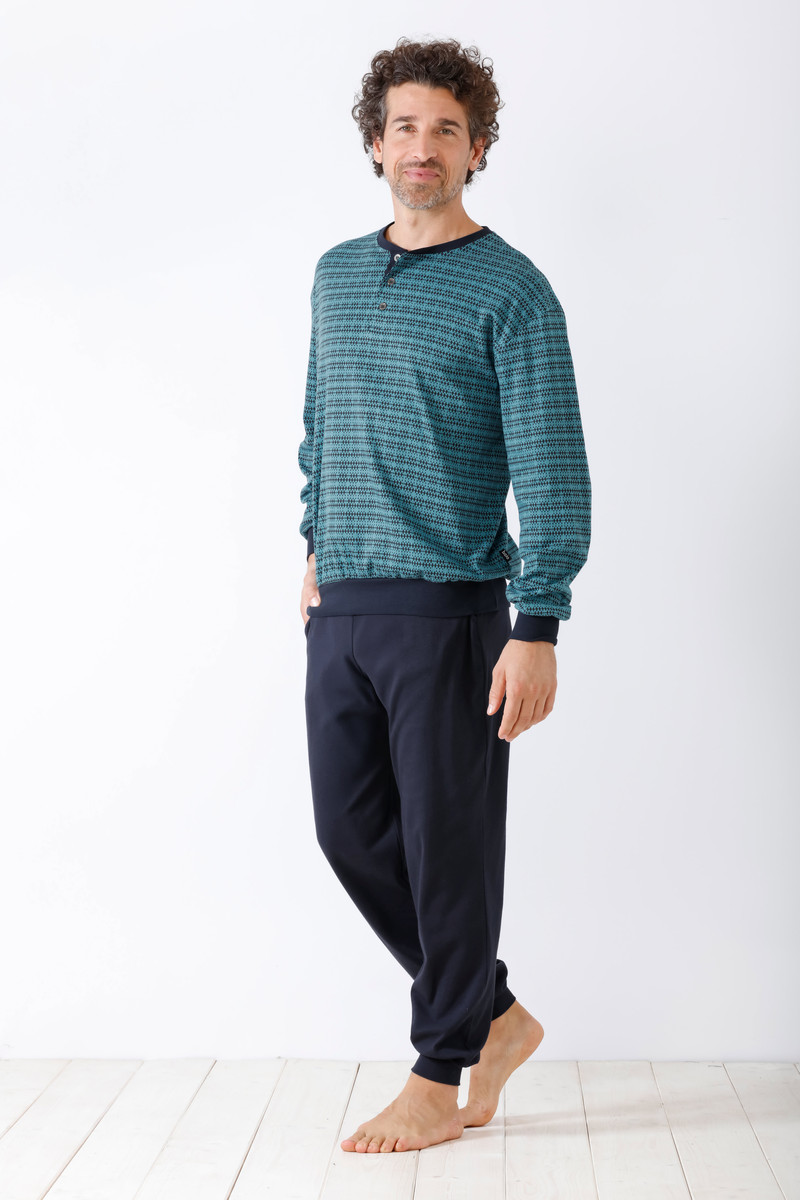 Warme blauwe herenpyjama Hajo grafisch patroon