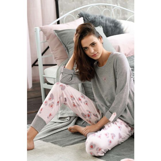 Grijs roze dames pyjama hartjes