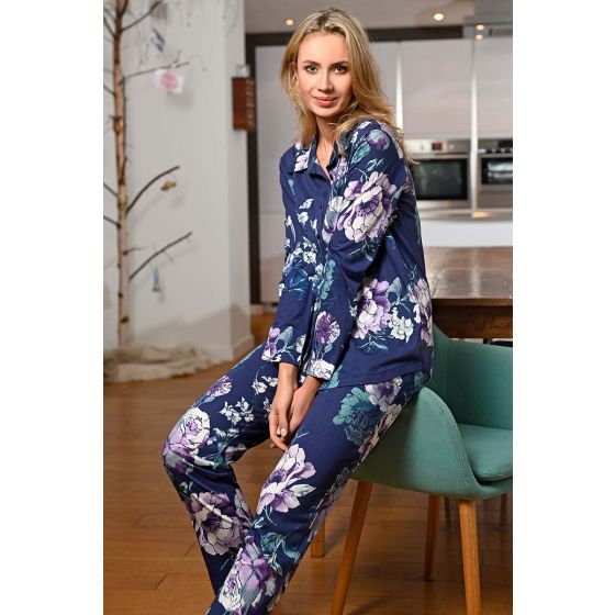 Ultramarijn bloemen pyjama doorknoop