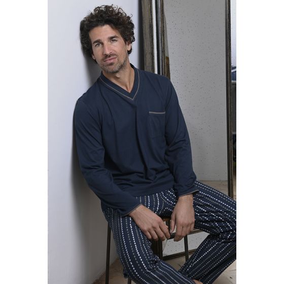 Warme blauwe heren pyjama  strepen interlock