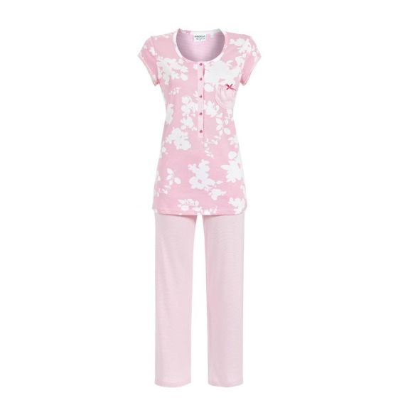 Dames pyjama roze met bloemen en strepen