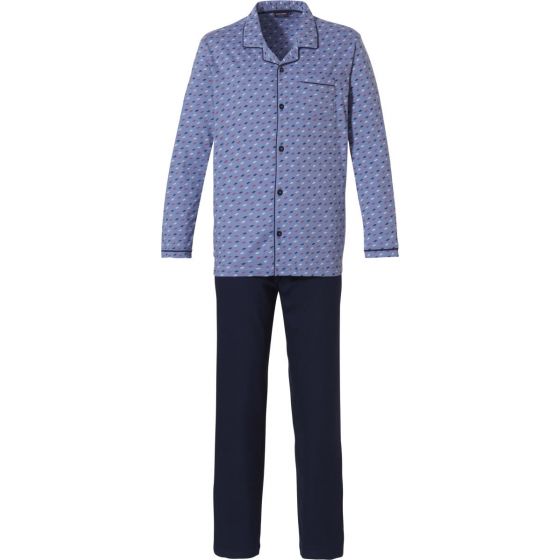 Blauwe doorknoop heren pyjama patroon