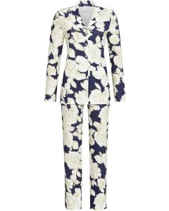 Blauwe doorknoop pyjama witte rozen
